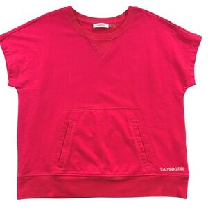 Calvin Klein Womens Fuschia Pink Short Sleeve Kangaroo Pocket Sweatshirt Top S/M